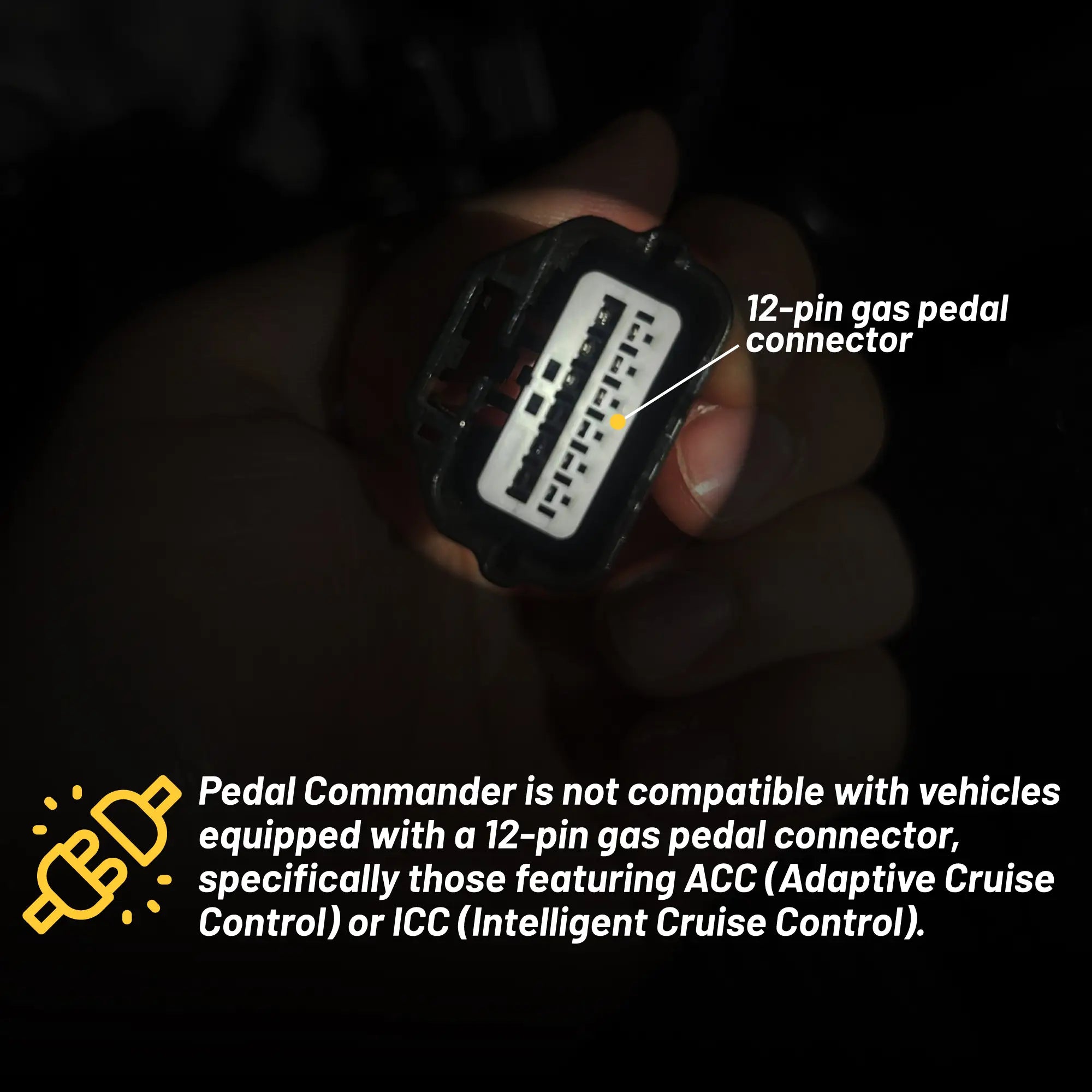 Hand holding a device with a 12-pin gas pedal connector label, on a dark background.
