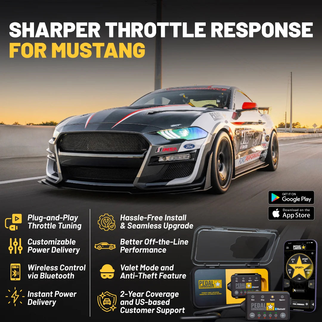 Mustang car on a road with  pedal commander throttle response controller packaging and features listed.