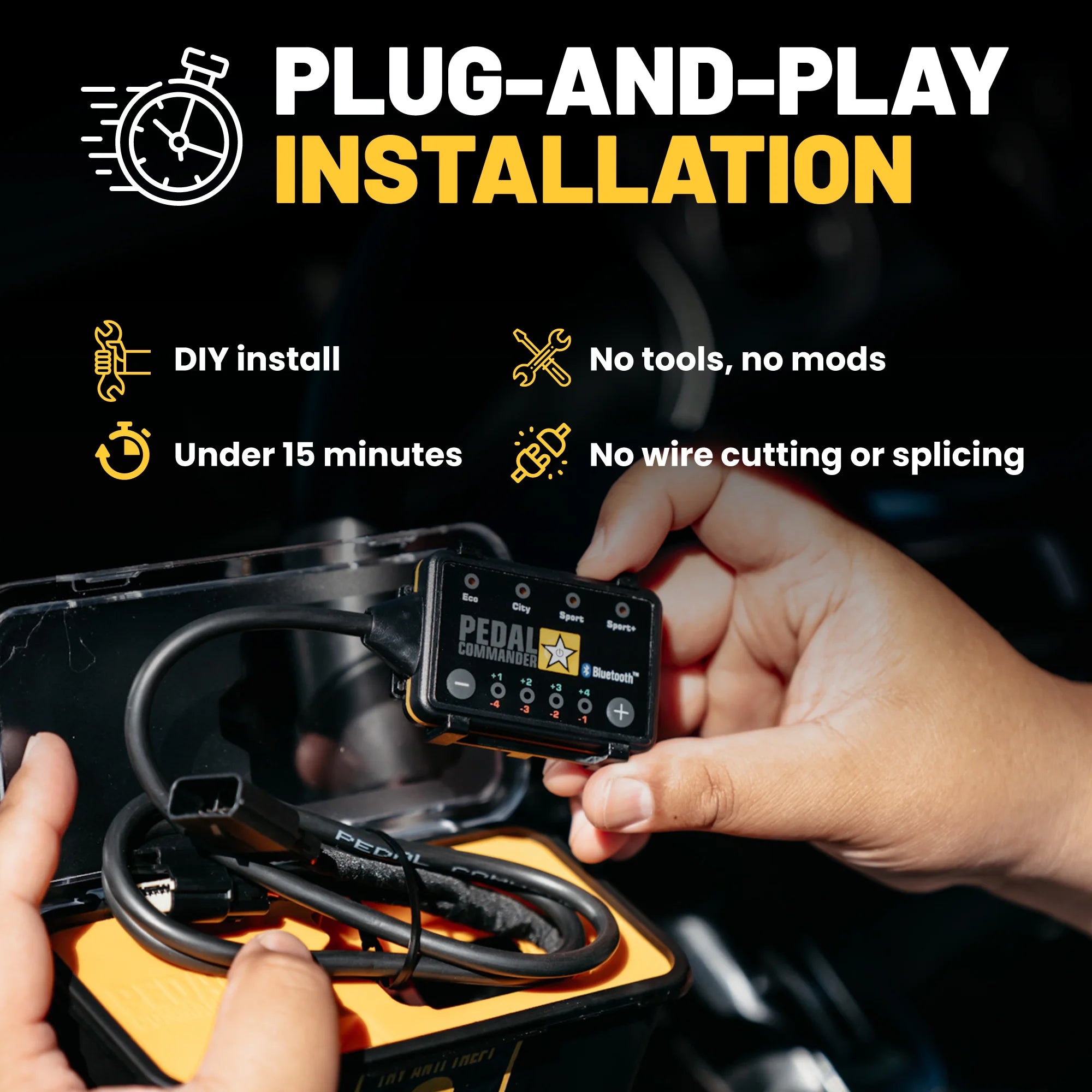Hands installing a pedal commander throttle response controller device with text about plug-and-play installation.