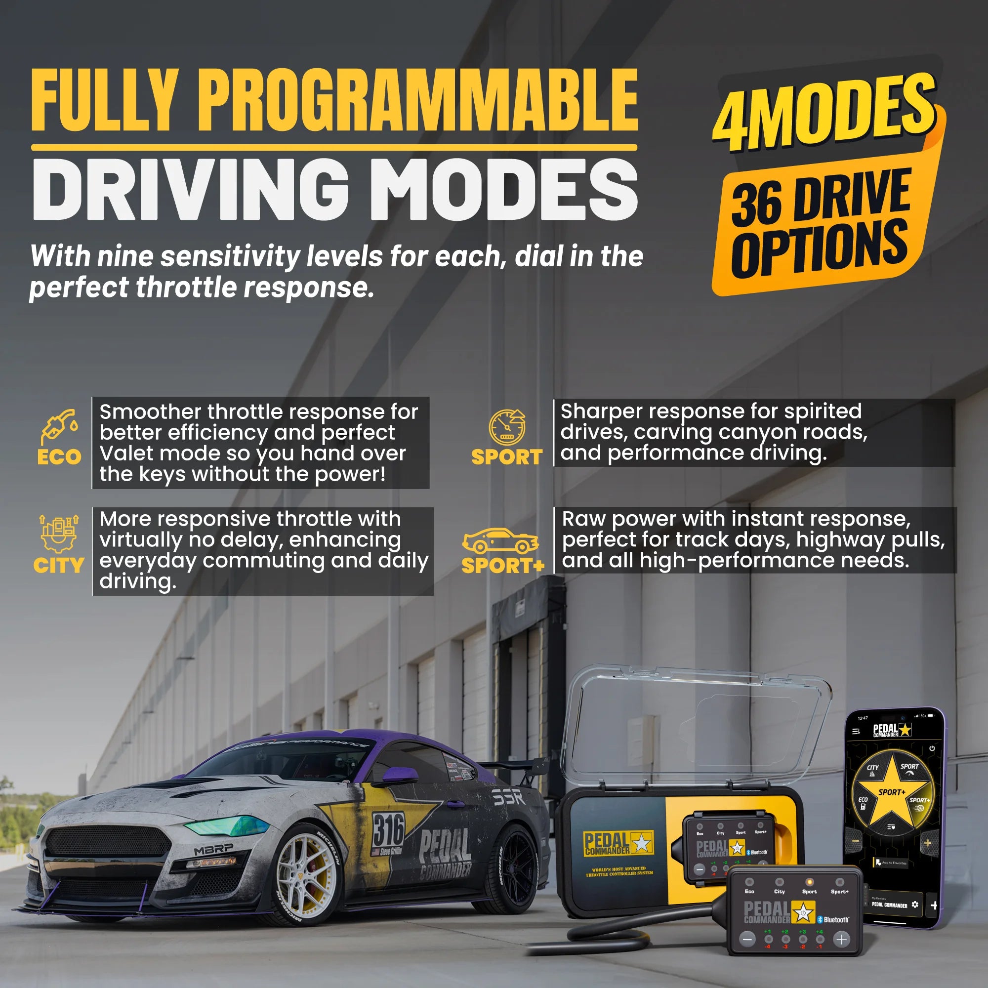 Advertisement for  pedal commander throttle response controller driving modes with a car, controller, and smartphone displaying modes on a track background.