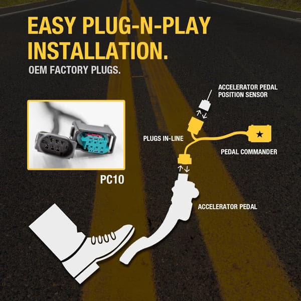 Merchant Pedal Commander PC10 has an easy plug-n-play installation between your accelerator pedal sensor and accelerator pedal